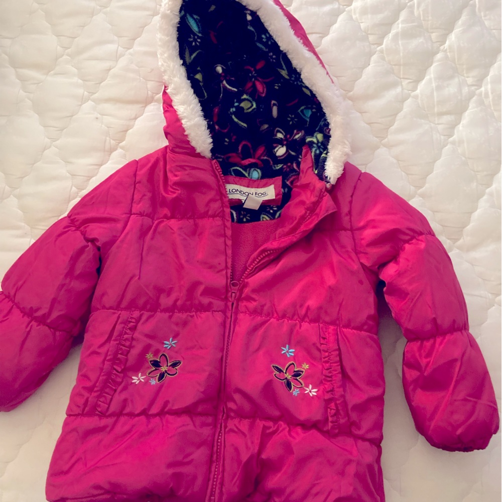 London Fog Girls Front Hood Puffer Fleece Lined Jacket Size 4 Pink Gently Worn